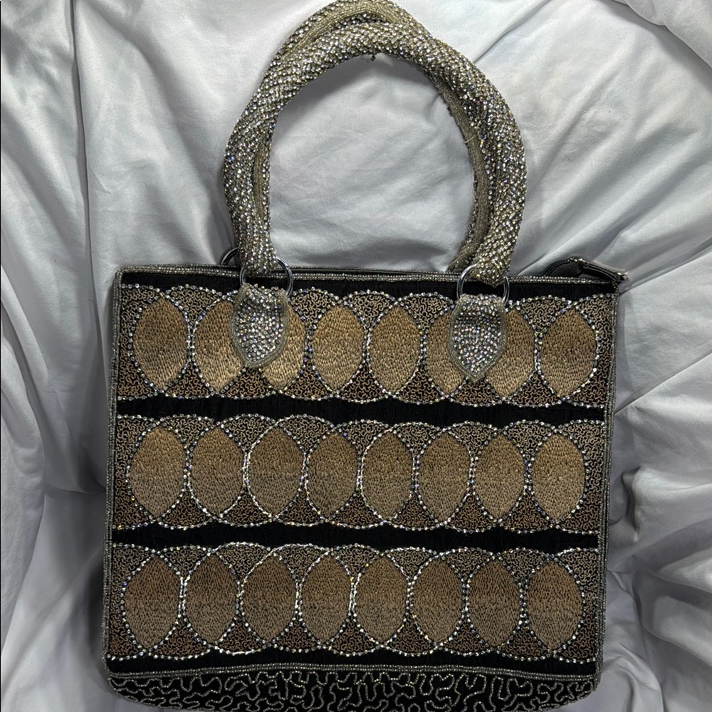 Vintage Embroidered beaded diamanté Tan and Black Women's Bag